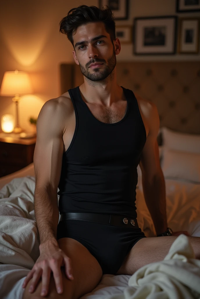 A man in tank top under vest and were black trunk underwear in bed room and were only black tank top under vest 