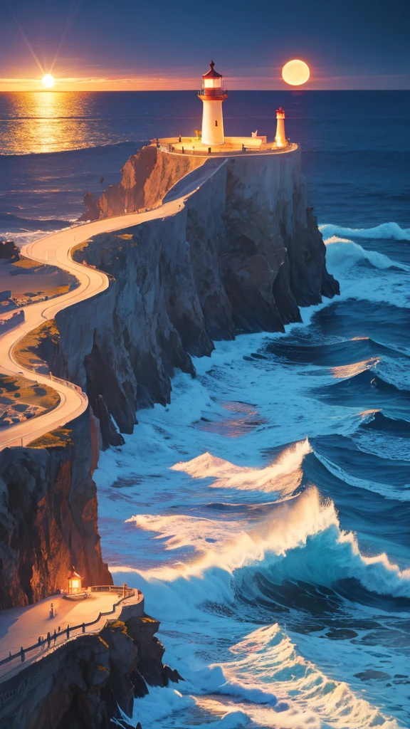 Beach, night, lighthouse, cliff, waves, fullmoon