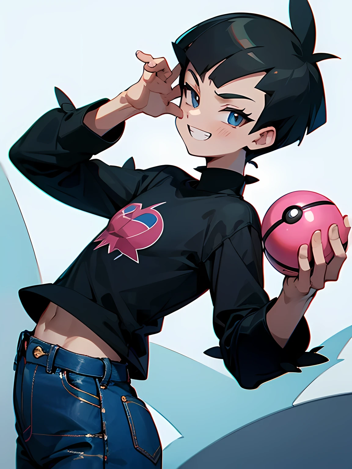 sideview, solo,looking at viewer++, upperbody, boy, black short spiky hairstyle, good grin, black t-shirts, bule jeans, grasp a small monstar ball(pokemon),victory pose,