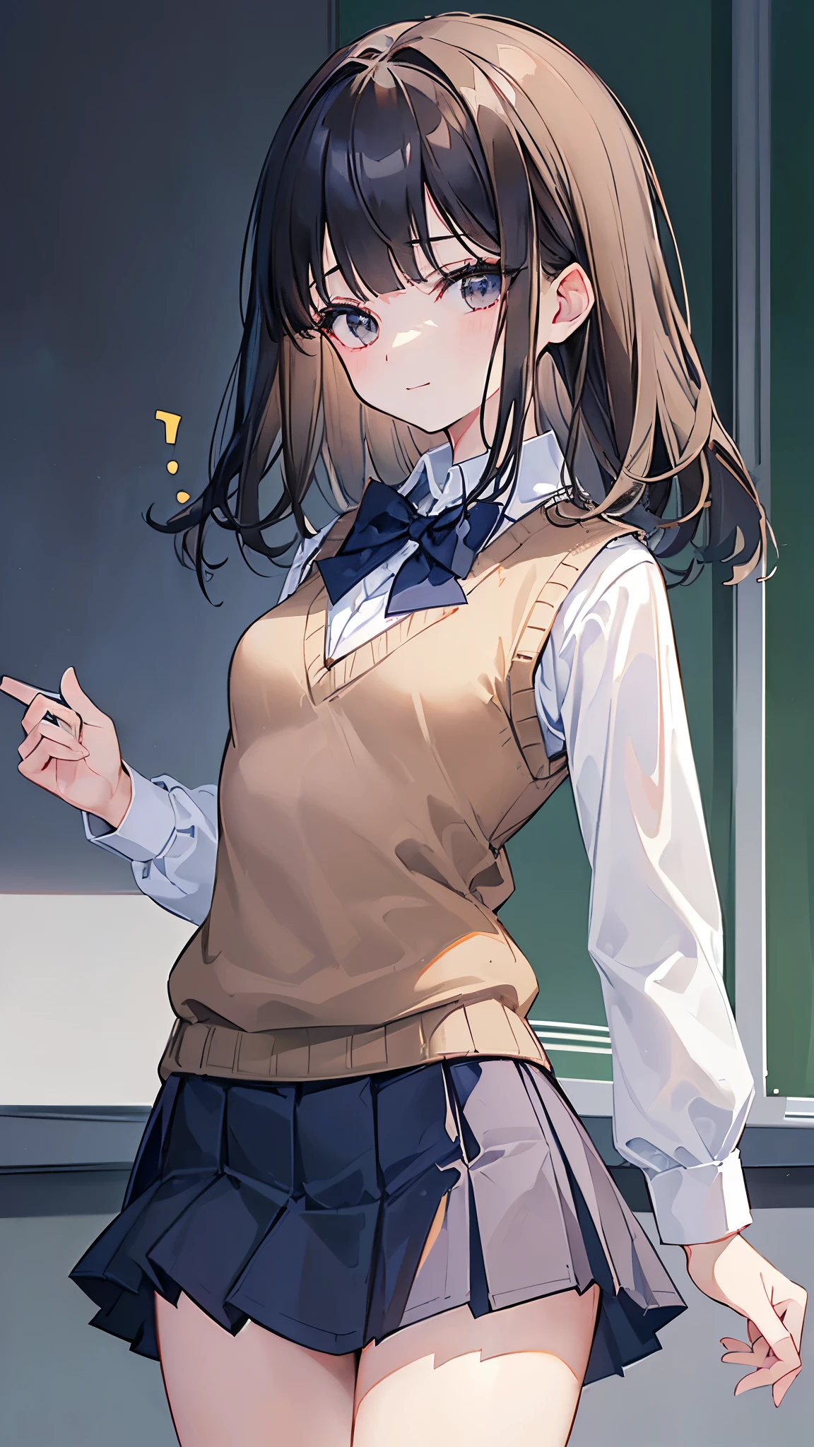 ((masterpiece、Highest quality、Very detailed))、One person、Black Hair、Medium Hair、Two Side Up、blunt bangs、Grey Eyes、evil smile、Small breasts、((White collared shirt))、A bow tie、((light brown sweater vest:1.2))、((open Navy blue blazer:1.2))、((Black pleated skirt))、((miniskirt))、Cowboy Shot、Classroom Background