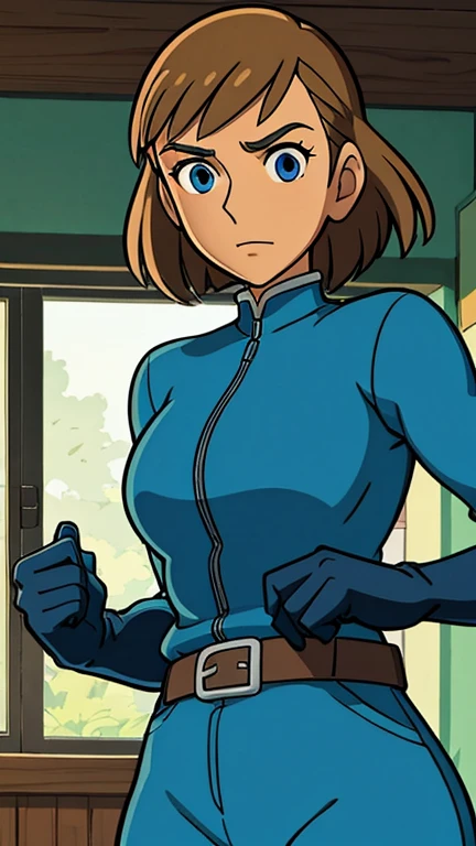 (Teens:1girl: maddie_fenton), (extremely detailed CG unit 8k wallpaper),(master part), (best quality), (ultra detail), (best illustration),(GHIBLI_Background), cowboy shot, (Sharp eyeliner, ombre, detailed eyes:1), laboratory, interior,  break , (StudioGhibliStyleHMC)), upper body, blue jumpsuit, mask off, light brown hair, black belt, black gloves,