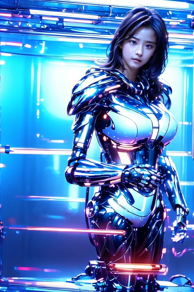 Highest quality, masterpiece, figure, (Realistic, photo-Realistic:1.37), wonderful, In detail, Incredibly absurd, Large file size, Very detailed, High resolution, Very detailed CG Unity 8k wallpaper, Very detailed目と顔, Ray Tracing, Browsing Caution, NUDE, One girl, Korean cyborg girl is innocent and young々Has a sly expression. She poses boldly with her arms raised above her head, Revealing her voluptuous figure. She is wearing a small black mecha armor top that barely covers her breasts., Exposing most of her flawless skin. Her shoulders and head have more armor detailing.、There are shining highlights, Tech Panels and Mechanisms. She is standing against a futuristic cityscape lit up with vibrant neon lights.、Standing full of energy。.