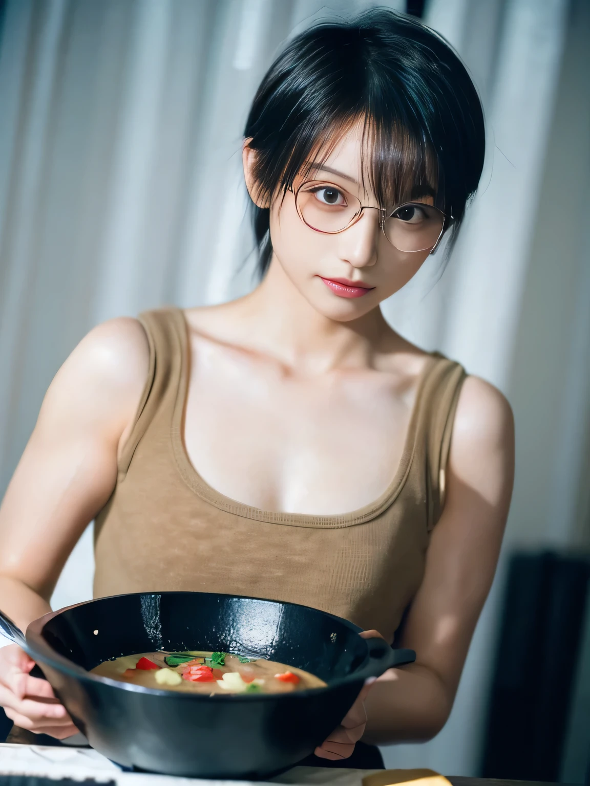 20 year old Japanese beauty，One person、Muscular body like a bodybuilder、Emphasize the breasts、Slit eyes、A head-to-toe view，Bust is very very large、The background is a medieval European kitchen、High quality photos、Clear, crisp images of the lower body、Masterpiece 8k、Ecstatic face、Wearing Japan armor、Stirring a pot of stew on the stove、Wearing glasses、Dragon Quest IV Arena、color々Camera angle