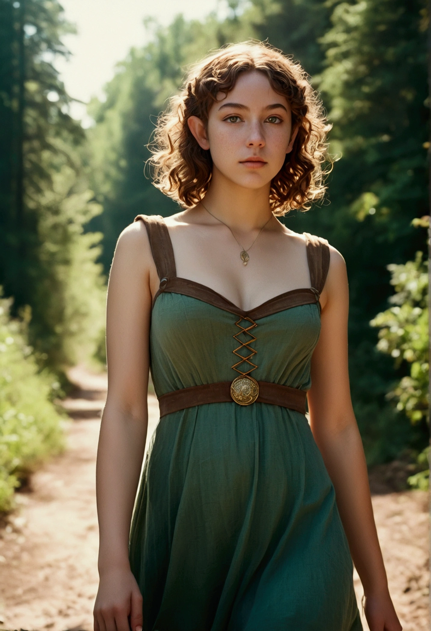 og film photo, photo of a young elven girl, 18 years old, elf ears, amber eyes, curly brunette bob cut, brown skintone, freckles, Amazonian stature, voluptuous hourglass figure, bustom, nawaist, full hips, big plump buttocks, wearnen sun dress, strolling through a sunny fantasy landscape, RAW Photograph, dslr, soft lighting, high quality, film grain, Fujifilm XT3, detailed skin with visible pores, insane details, masterpiece, 8k, 35mm photograph, dslr, kodachrome, faded film, desaturated, grainy, vintage, Lomography, stained, highly detailed, found footage, close-up shot, elven ears
