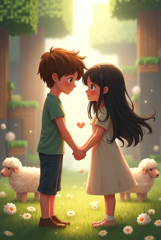 hermosa iluminación, couple touch hands, anime susume, girl hair black, boy hair brown , love, minecraft, sheeps, aesthetic