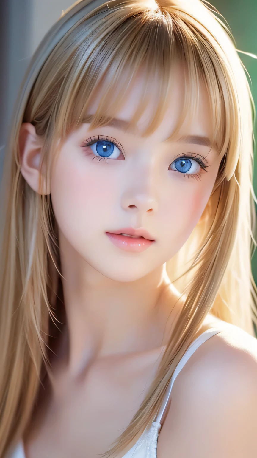 Incredibly bright, white, glossy, beautiful skin、Blonde hair color that changes with reflected light、Bangs between the eyes blocking the view、Glossy highlight on cheeks、sexy, very beautiful, lovely, cute, gorgeous face、The most beautiful face in the world、A beautiful girl、Super long blonde hair、smooth, straight hair、Big Breasts, Sparkling bright sky blue eyes、Beautiful bangs、Small Face Beauty、Round face、Very beautiful appearance