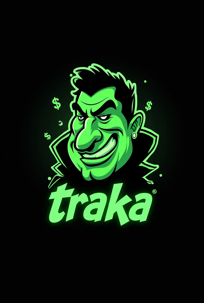 GENERATE A LOGO FOR A STREETWEAR BRAND CALLED TRAKA.  THE THEME IS A CARICATURE OF RICKY RICÓN, WITH REFERENCES TO DOLLARS.  THE FONT SHOULD BE A DOLLAR BILL TYPEFACE.  NO PEOPLE, JUST A GLOW-IN-THE-DARK GREEN COLOR WITH BLACK AS THE DOMINANT COLOR.
