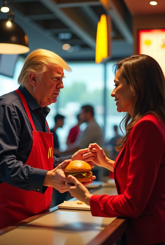 (Photorealistic) donald trump, working in a mcdonalds fast food restaurant, wearing a mcdonalds uniform, serving a burger to kamala harris