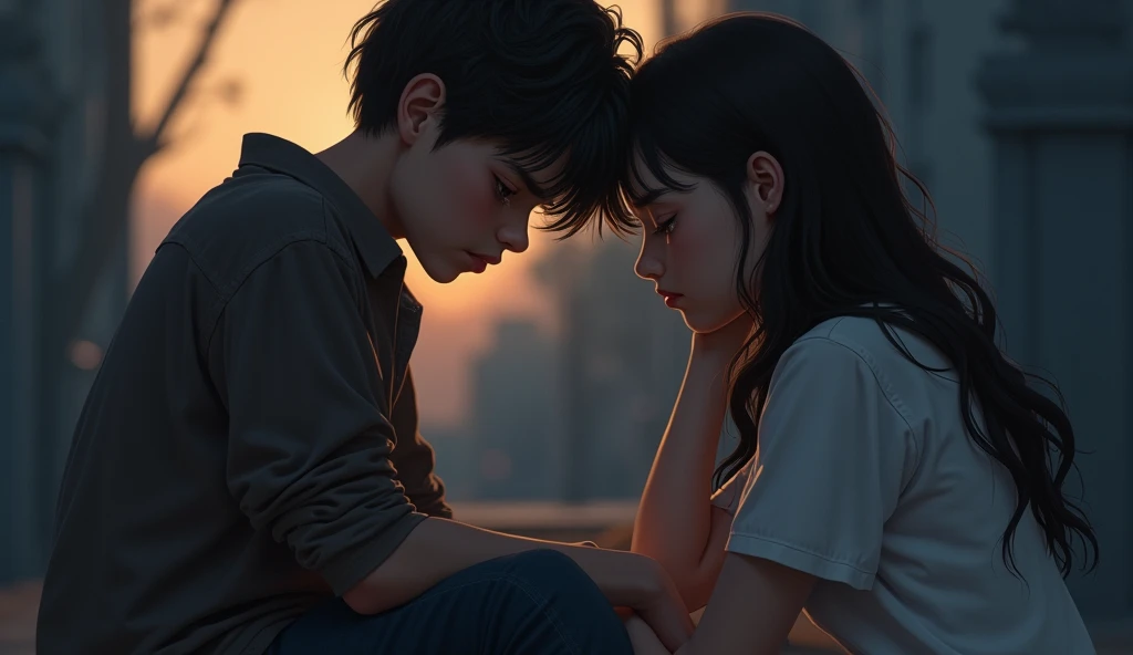  A boy who has been cheated in love, is sitting sadly, he has tears in his eyes, innocence on the girl's face, evening time
