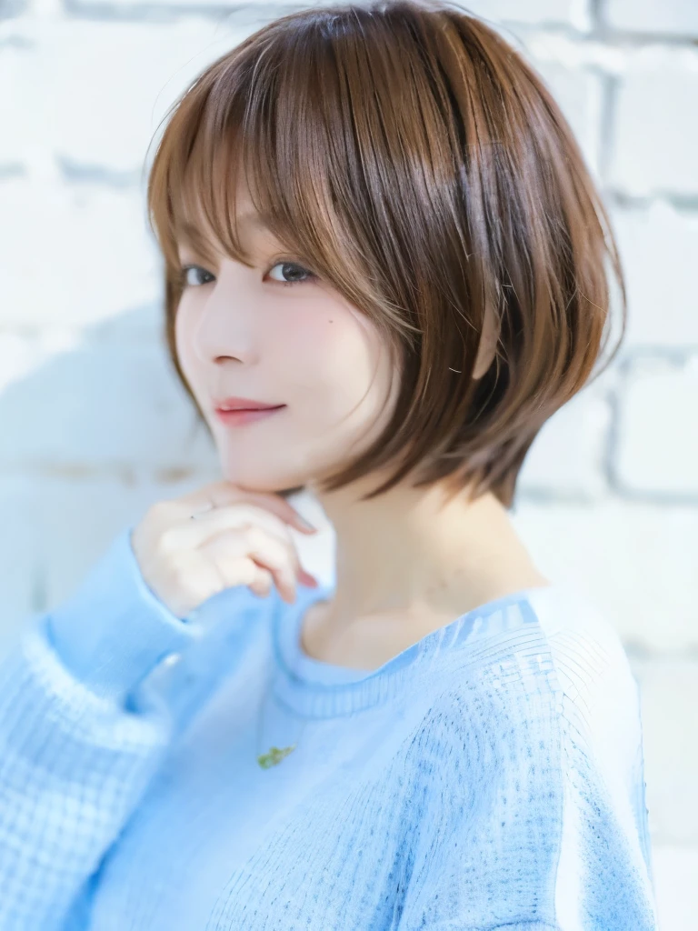 ((highest quality, 8K, masterpiece :1.3)), 1 girl, (bob hair、short hair,Taken in front of a white wall :1.2)、Shot in soft natural light、pastel cardigan :1.1, Angle from above、super detailed face, fine eyes,(Highly realistic photos, High resolution, detailed face, fine eyes)、japanese woman, 35 years old, Variety of facial expressions, alone:1, different hairstyles, casual clothes, Only one person appears in the photo、long sleeve dress、Shot in soft natural light、simple necklace、Spring clothes、Don't look at the camera、profile、Dark brown hair color