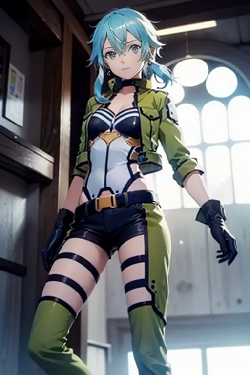 Sinon, masterpiece,, best quality, highres, 1girl, leona heidern, blue hair, gloves, blue eyes, ponytail, boots, shorts, green shorts, midriff, crop top, black gloves, breasts, military uniform, green jacket, combat boots, earrings, jewelry, navel, large breasts, --auto