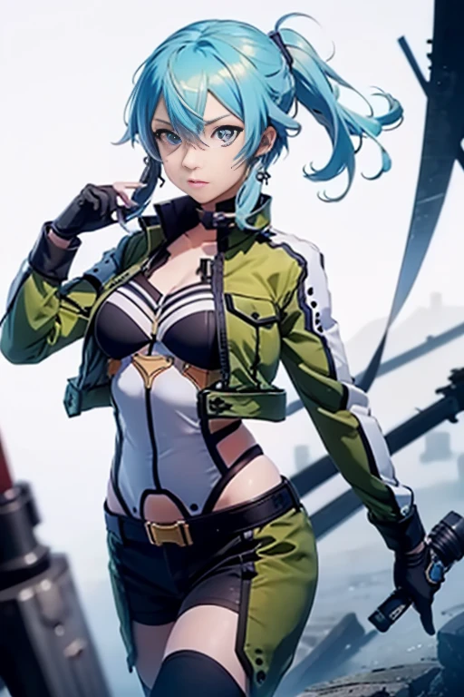 Sinon, masterpiece,, best quality, highres, 1girl, leona heidern, blue hair, gloves, blue eyes, ponytail, boots, shorts, green shorts, midriff, crop top, black gloves, breasts, military uniform, green jacket, combat boots, earrings, jewelry, navel, large breasts, --auto