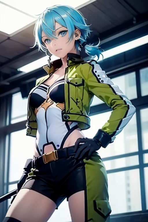 Sinon, masterpiece,, best quality, highres, 1girl, leona heidern, blue hair, gloves, blue eyes, ponytail, boots, shorts, green shorts, midriff, crop top, black gloves, breasts, military uniform, green jacket, combat boots, earrings, jewelry, navel, large breasts, --auto