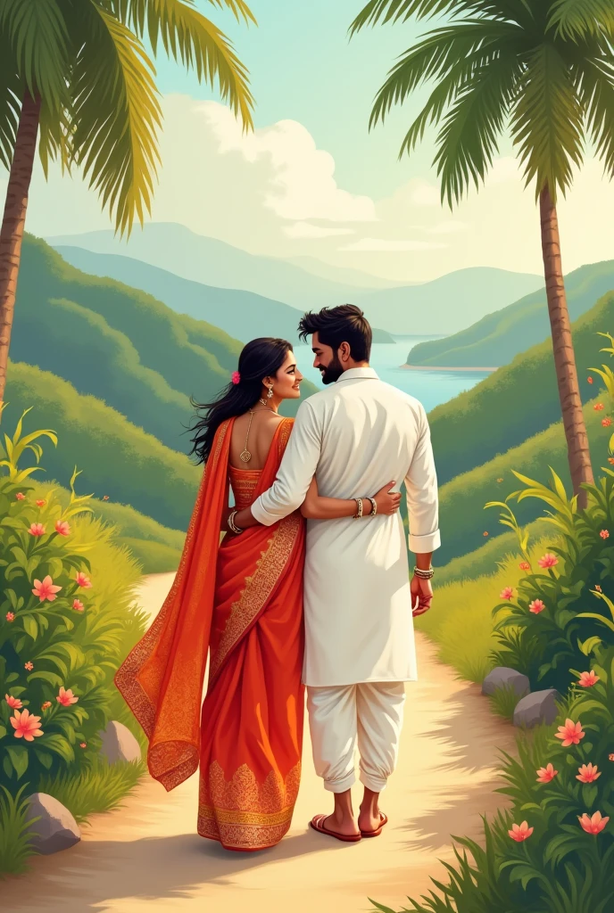 Beautiful southindian couples. Romantic walking . Illustration image. Romantic look and smile. Change the dress color