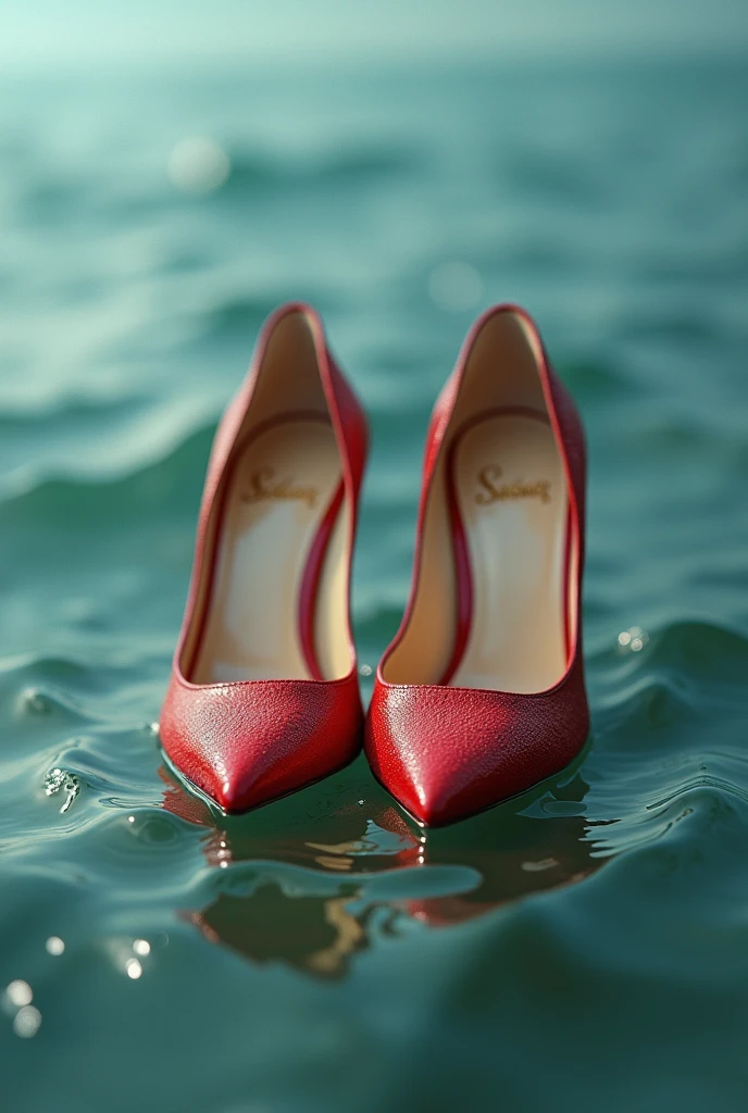 (photorealism:1.2), Louboutin high heels, totally soaked in the sea, bokeh of Leitz summicron lens, some spots on the face, soft lighting, relaxed pose, realistic, intricate details, cool colors