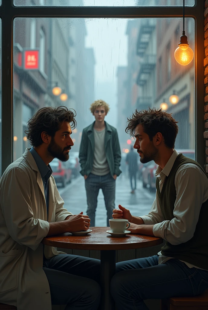 make a scientist and a man with messy hair and villager clothes in a cafe drinking coffee and through the window there is a man watching her from the other side of the road , He is tall, blonde with medium-length hair wearing school clothes, rainy atmosphere