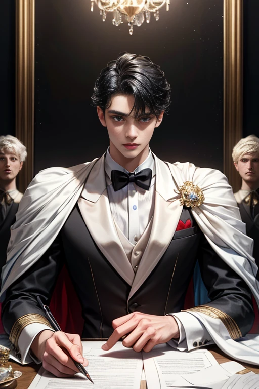 
masterpiece, 最high quality, high quality, 1 boy, alone, Male focus, Watching the audience,  Messy black hair, Adorable big blue eyes, White, Noble, Noble, Tuxedo、A very voluminous, large, very large, very large, long, long red and black cape with a high stand-up collar, made of a lot of fabric that reaches down to the floor., ,Cute beautiful boys,Cute, cute, kind, handsome guy