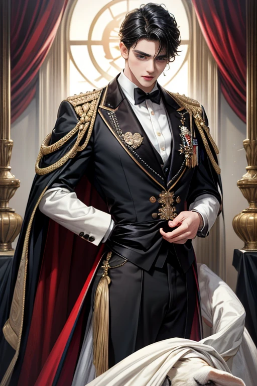 
masterpiece, 最high quality, high quality, 1 boy, alone, Male focus, Watching the audience,  Messy black hair, Adorable big blue eyes, White, Noble, Noble, Tuxedo、A very voluminous, large, very large, very large, long, long red and black cape with a high stand-up collar, made of a lot of fabric that reaches down to the floor., ,Cute beautiful boys,Cute, cute, kind, handsome guy