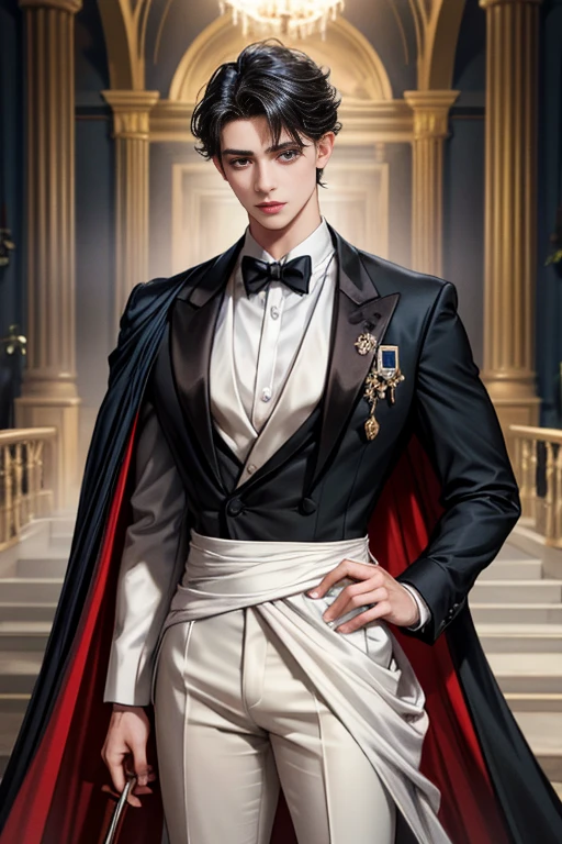 masterpiece, 最high quality, high quality, 1 boy, alone, Male focus, Watching the audience, Messy black hair, Adorable big blue eyes, White, Noble, Noble, Tuxedo、A very voluminous, large, very large, very large, long, long red and black cape with a high stand-up collar, made of a lot of fabric that reaches down to the floor., ,Cute beautiful boys,Cute, cute, kind, handsome guy
