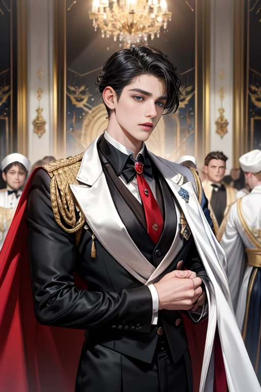 
masterpiece, 最high quality, high quality, 1 boy, alone, Male focus, Watching the audience,  Messy black hair, Adorable big blue eyes, White, Noble, Noble, Tuxedo、A very voluminous, large, very large, very large, long, long red and black cape with a high stand-up collar, made of a lot of fabric that reaches down to the floor., ,Cute beautiful boys,Cute, cute, kind, handsome guy