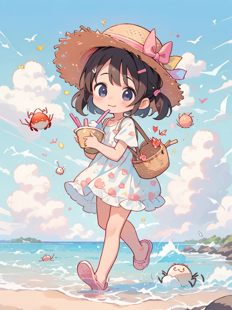 Ai Yazawa Style, Kawaii Design, most beautiful girl ever、Chibi, Straw hat、Lots of friends、birdie、Summer beach, crab、