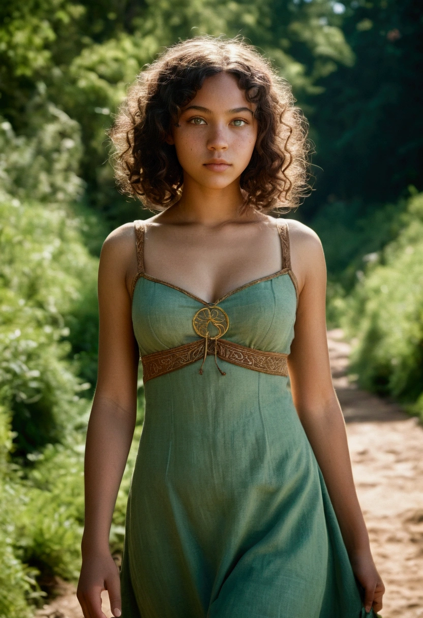 analog film photo, photo of a young elven girl, 18 years old, elf ears, jade eyes, curly brunette bob cut, brown skin, freckles, Amazonian stature, voluptuous hourglass figure, busty bosom, narrow waist, full hips, big plump buttocks, wearing a linen sun dress, strolling through a sunny fantasy landscape, RAW Photograph, dslr, soft lighting, high quality, film grain, Fujifilm XT3, detailed skin with visible pores, insane details, masterpiece, 8k, 35mm photograph, dslr, kodachrome, faded film, desaturated, grainy, vintage, Lomography, stained, highly detailed, found footage, close-up shot, elven ears
