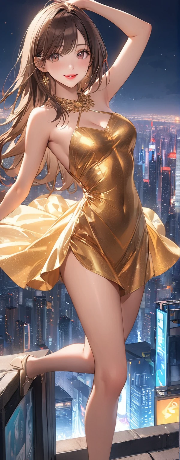 Straight hair、Brown Hair,((Very exquisite golden sexy dress)), Appearance , (beautiful girl: 1.3),One person,Highest quality,8k,Highly detailed CG unit wallpaper,masterpiece:1.2,Highest quality,Ultra-high resolution,RAW Photos,Realistic textured skin,Cinema Lighting,Happy,big eyes,Detailed eyes,Glossy lipstick,Perfect Makeup,Ultra-high definition beauty face,Huge building,Metropolis,Sensual,(big, Round and beautifully shaped butt),(Standing on the rooftop of a skyscraper in Cyber City),(panoramic),night,Detailed neon lights,(((Are standing_Split))),