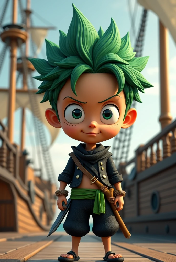 hyper realistic 4D Cartoon Caricature with a super big head, a young Indonesian man, a man with green hair, wearing a one peace character zoro outfit, and a pirate ship, solid gray background, smooth texture, carrying a sword, soft lighting