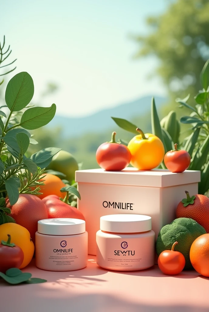 Display boxes with the OMNILIFE logo and fruits and vegetables around them , makeup jars with Seytu logo and on the side plants and a clear landscape
