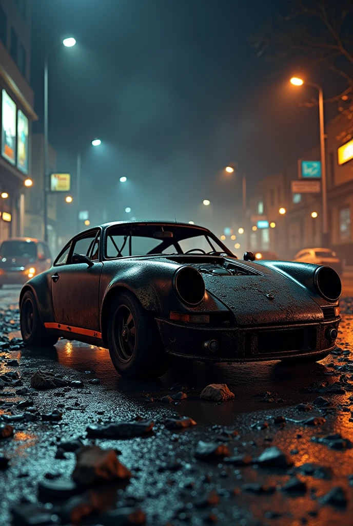 A black Porsche 911 was destroyed at night