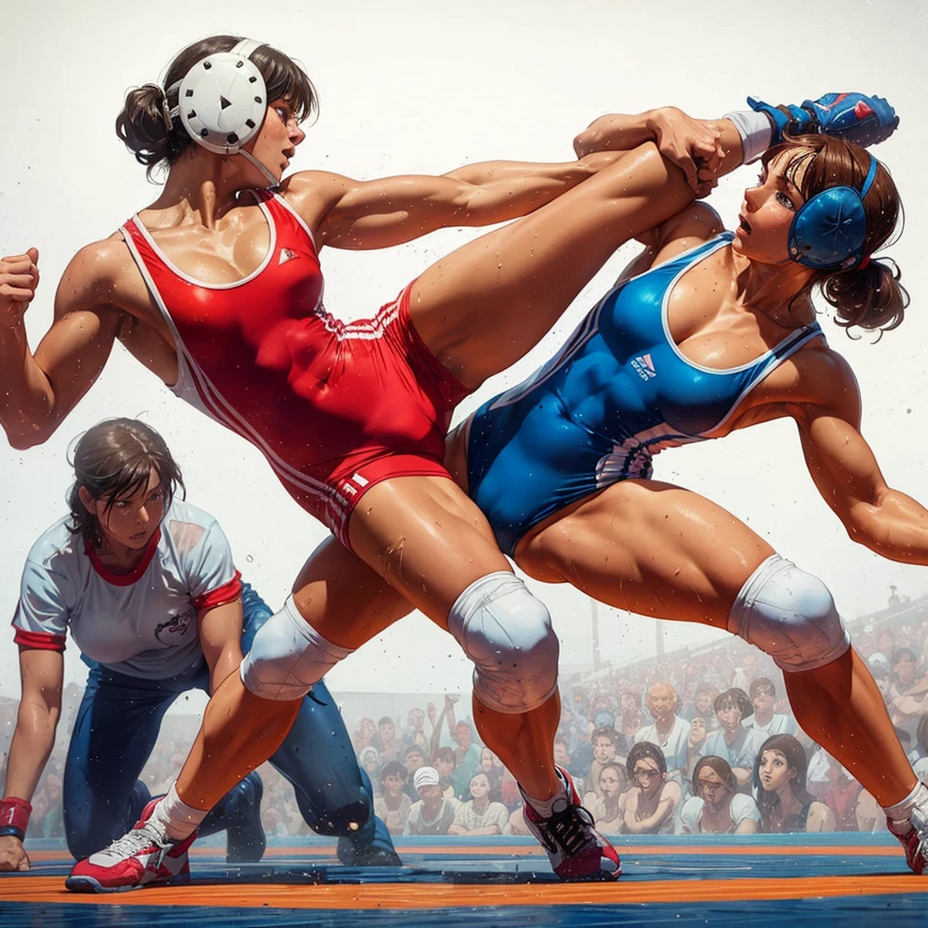 Womens freestyle wrestling, one piece swimsuits, wet sweaty bodies, European faces