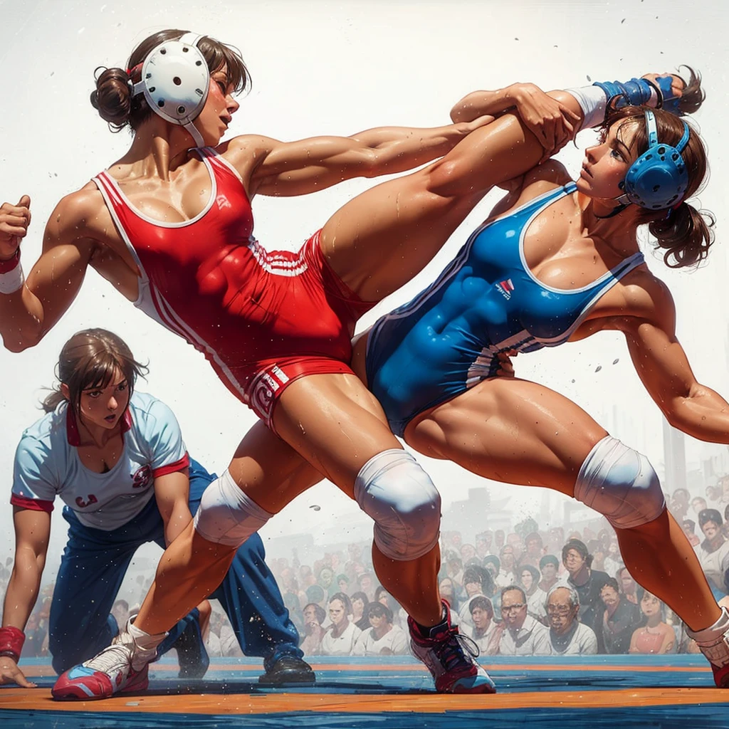 Womens freestyle wrestling, one piece swimsuits, wet sweaty bodies, European faces