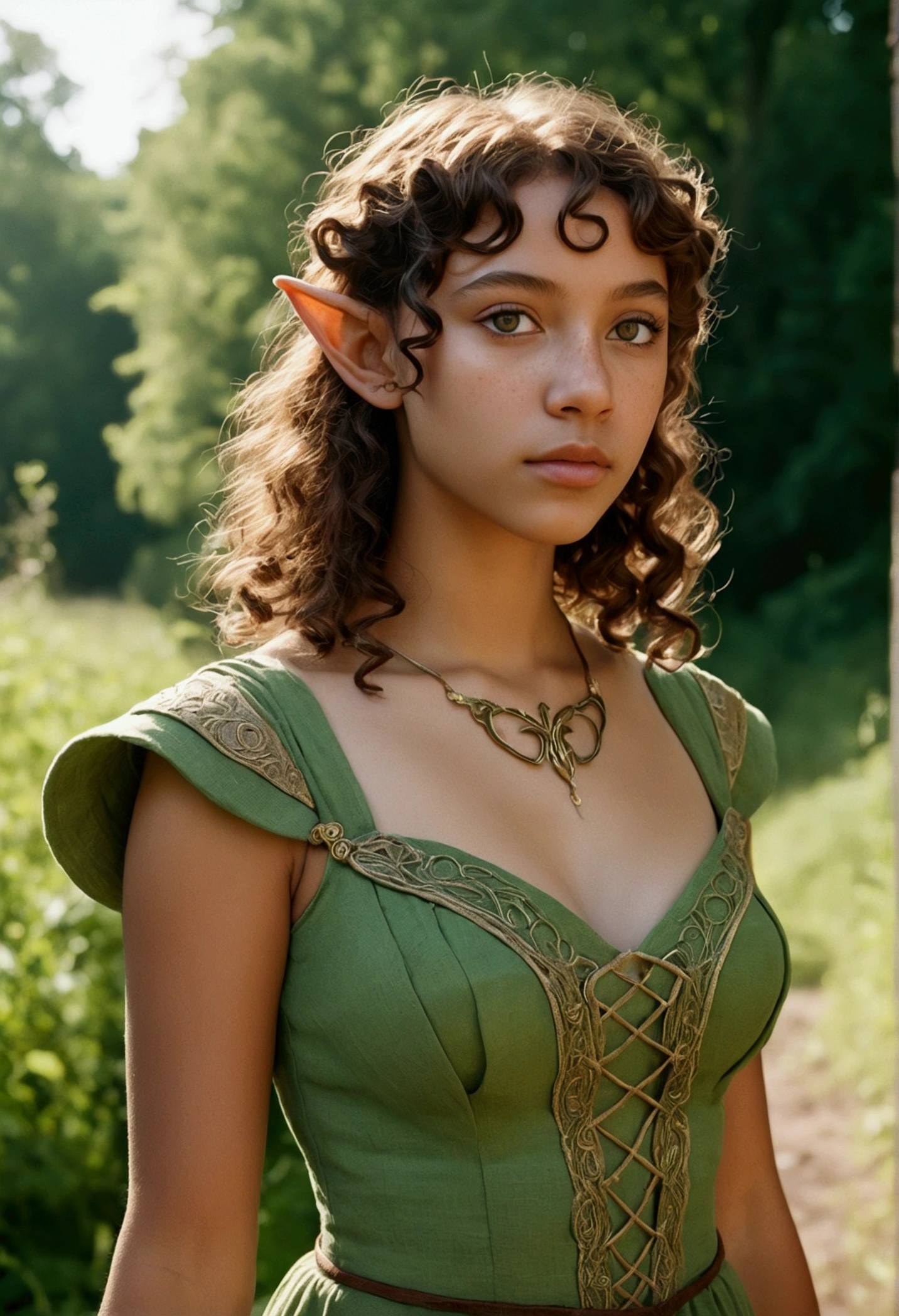 analog film photo, photo of a young elven girl, 18 years old, elf ears, peridot eyes, curly brunette bob cut, brown skin, freckles, Amazonian stature, voluptuous hourglass figure, busty bosom, narrow waist, full hips, big plump buttocks, wearing a linen sun dress, strolling through a sunny fantasy landscape, RAW Photograph, dslr, soft lighting, high quality, film grain, Fujifilm XT3, detailed skin with visible pores, insane details, masterpiece, 8k, 35mm photograph, dslr, kodachrome, faded film, desaturated, grainy, vintage, Lomography, stained, highly detailed, found footage, close-up shot, elven ears