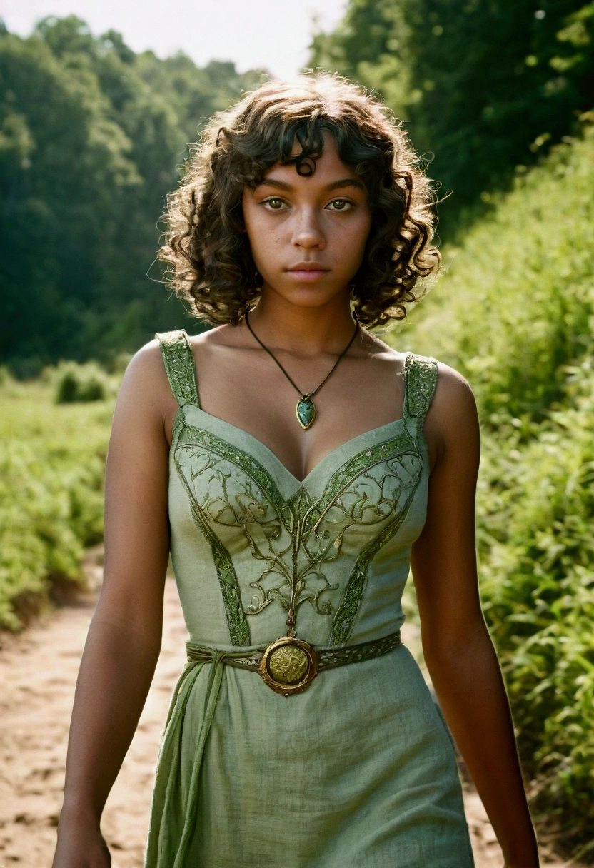 analog film photo, photo of a young elven girl, 18 years old, elf ears, peridot eyes, curly brunette bob cut, brown skin, freckles, Amazonian stature, voluptuous hourglass figure, busty bosom, narrow waist, full hips, big plump buttocks, wearing a linen sun dress, strolling through a sunny fantasy landscape, RAW Photograph, dslr, soft lighting, high quality, film grain, Fujifilm XT3, detailed skin with visible pores, insane details, masterpiece, 8k, 35mm photograph, dslr, kodachrome, faded film, desaturated, grainy, vintage, Lomography, stained, highly detailed, found footage, close-up shot, elven ears