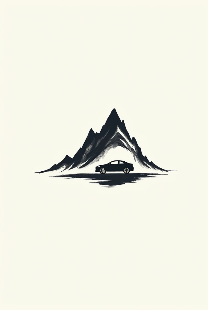Create a 2D logo using lines，Lines with mountains and a car，Mountain is formed by the character 'mountain'.，Ink and brush style