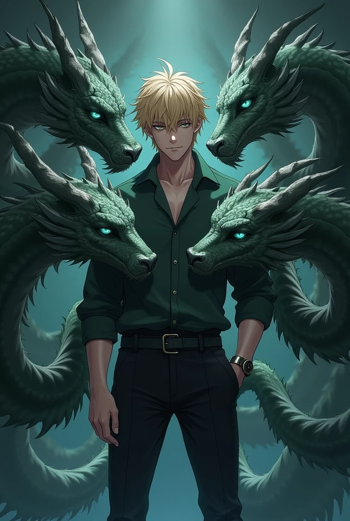 Create an image of a man with blonde hair and place him very close and in the middle of the image, olho cinza-azulado, with a shirt and pants both with black and green details. with 3 super realistic Hydra heads resembling dragons around him, but as if they were friends with him caressing one of them, in a totally dark place, make only the man in anime style. Make the hydras with eyes covered by darkness.