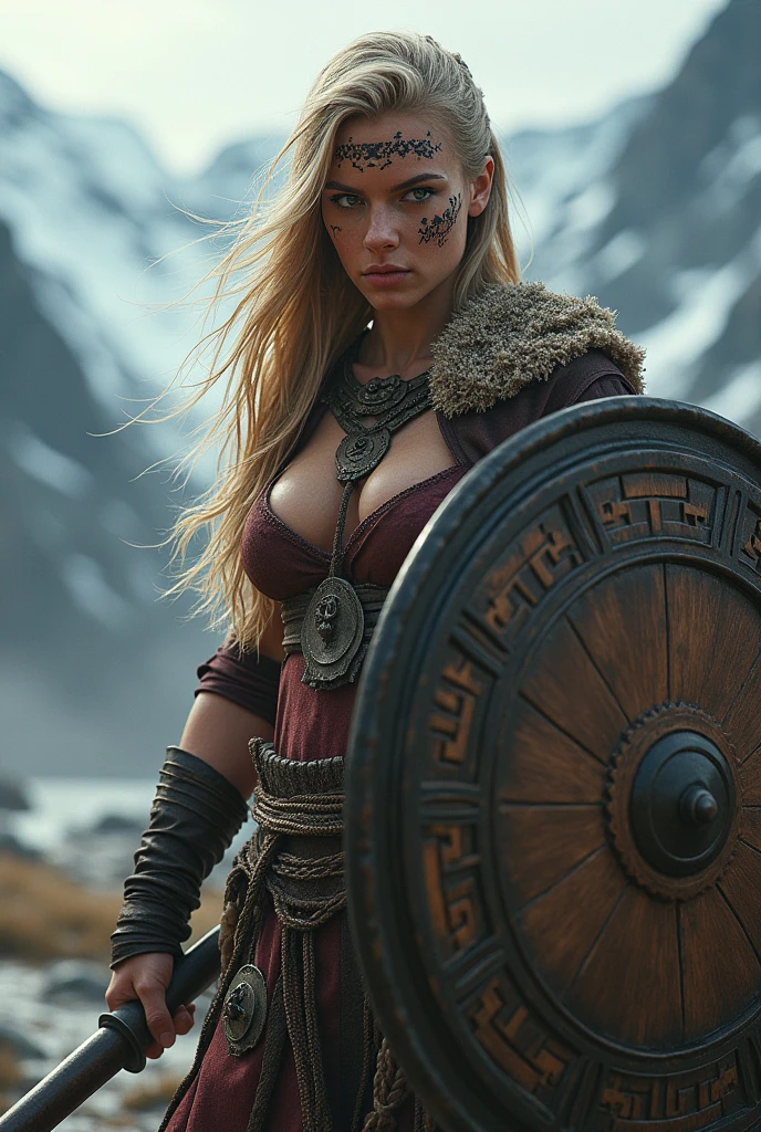Norse shieldmaiden, blonde Jair, tattooed, holding a round wooden shield, screaming
