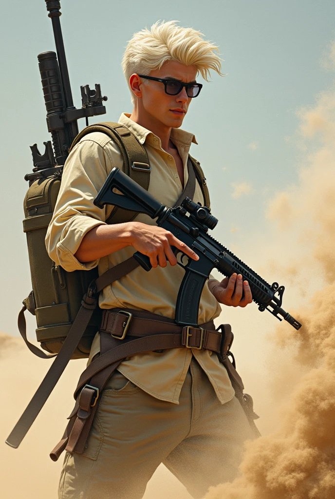 A young white man controlling sand holding an ak47 rifle with a scope and with two swords on his back wearing Juliet glasses
