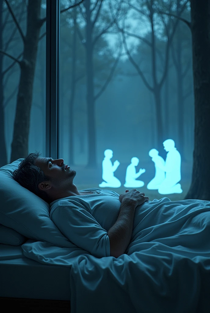 Dream of a 47-year-old man who is very seriously ill and in a coma due to COVID-19. He is lying in a bed in a forest and is looking at a group of holographic human silhouettes who are kneeling praying and looking at the night sky from right to left. The man is at the edge of the forest, which is divided by a glass