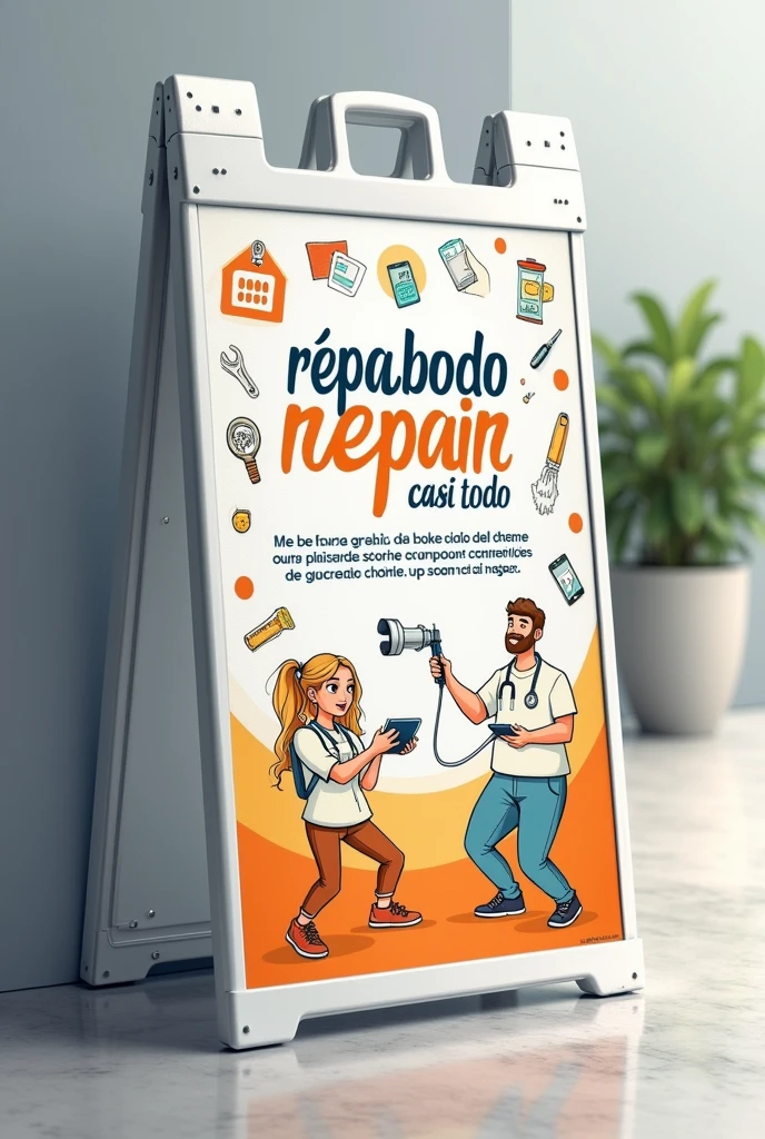 Sign to promote my Facebook page called “reparatodo bueno casi todo”, that has images related to cell phone and tablet repair