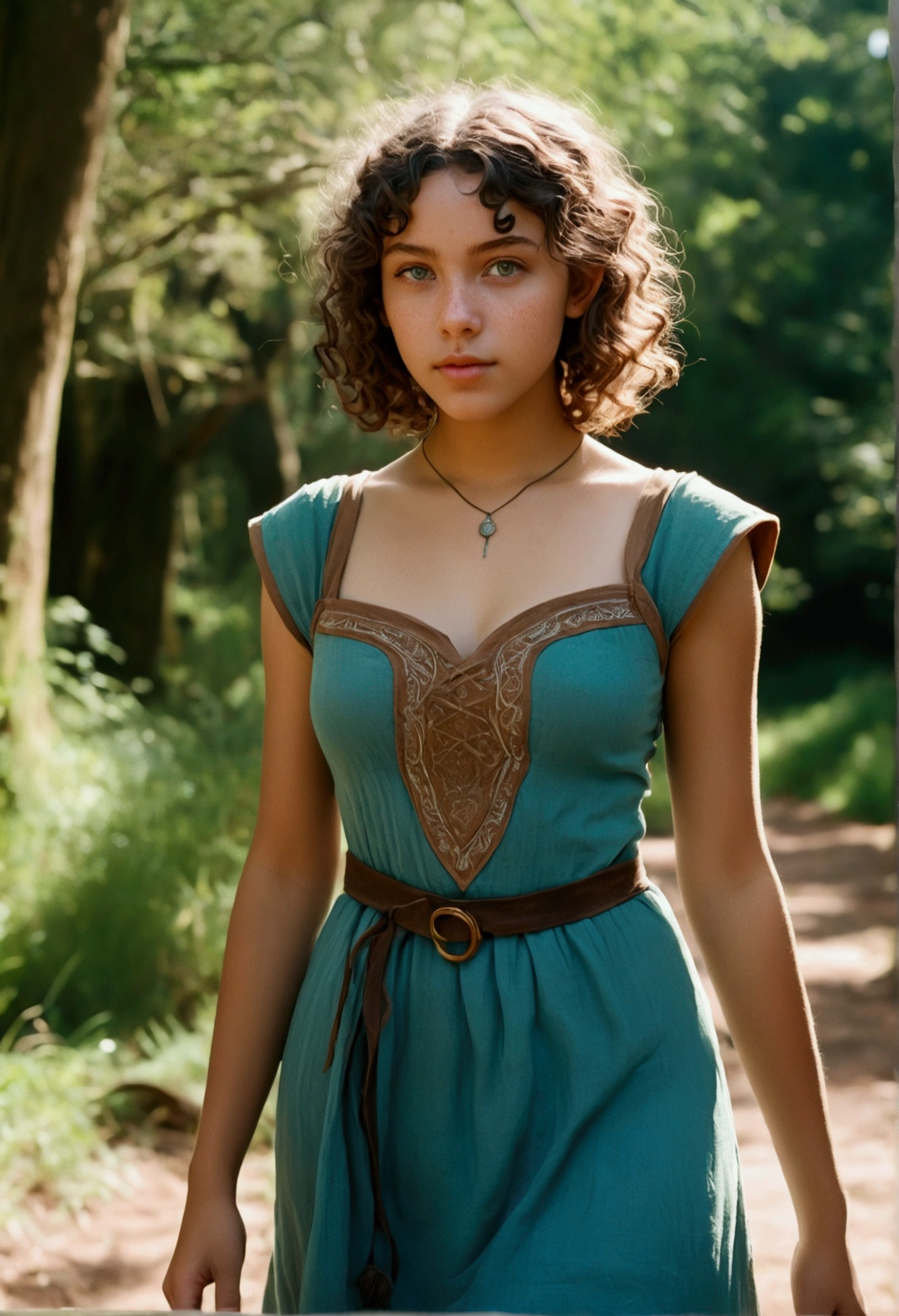 analog film photo, photo of a young elven girl, 18 years old, elf ears, cyan eyes, curly brunette bob cut, brown skin, freckles, Amazonian stature, voluptuous hourglass figure, busty bosom, narrow waist, full hips, big plump buttocks, wearing a linen sun dress, strolling through a sunny fantasy landscape, RAW Photograph, dslr, soft lighting, high quality, film grain, Fujifilm XT3, detailed skin with visible pores, insane details, masterpiece, 8k, 35mm photograph, dslr, kodachrome, faded film, desaturated, grainy, vintage, Lomography, stained, highly detailed, found footage, close-up shot, elven ears
