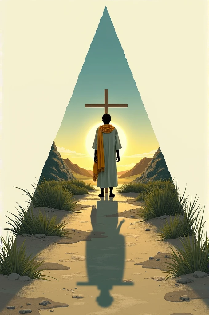 Create a triangle with a landscape in the background with the sun and a shadow of a character with a yellow scarf around his neck and a shadow of a cross. The character has to be looking at and worshipping the cross.