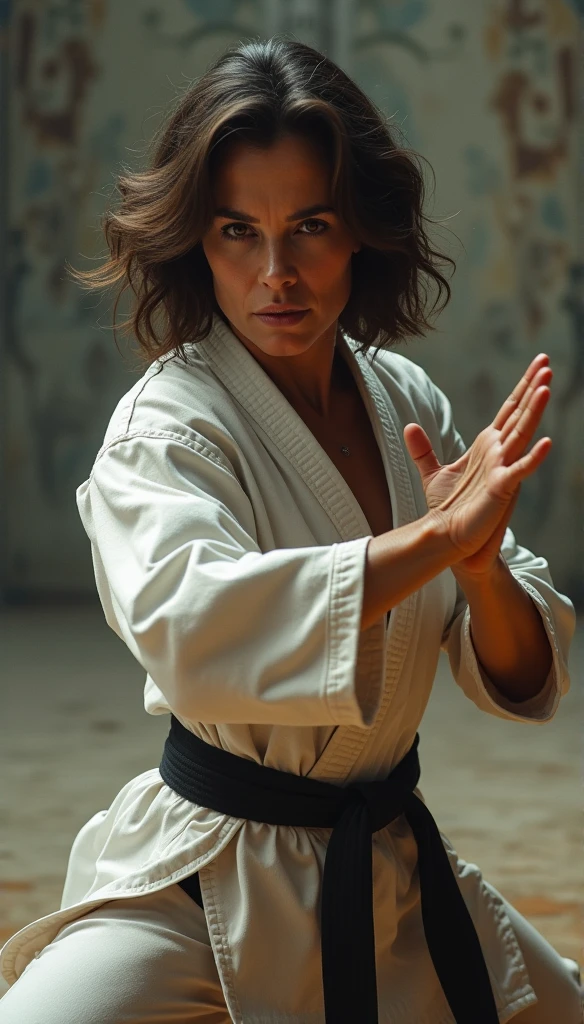 Realistic busty 55yo mature woman,Karateka,ultimate form,8k,lustful erotic obscene ,