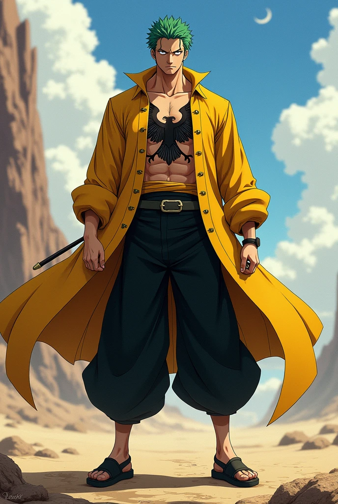 Roronoa Zoro is wearing a long-sleeved yellow shirt with an eagle design, black long pants, and black shoes.