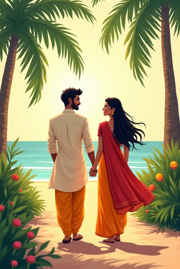 Beautiful southindian couples. Romantic walking . Illustration image. Romantic look and smile. Change the dress color. Change location