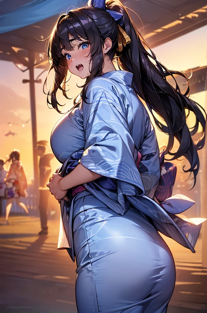 (, Fat middle-aged man:1.2),Browsing Caution,(Highest quality, 8k, masterpiece:1.3,beautiful girl), (Very detailed)Glowing Skin,(((Long Hair,ponytail,Blue Ribbon,Beautiful Hair))),(Perfect Anatomy, Anatomically correct, Very detailed肌),((Golden Eyes,Drooping eyebrows,I narrowed my eyes a little.)),((Perfect Fingers,Five Fingers)), Baby Face, Mole under the eye,Double teeth,Big Breasts,Big Ass,high school girl,Embarrassed face,Summer festival,((yukata,or,can,))