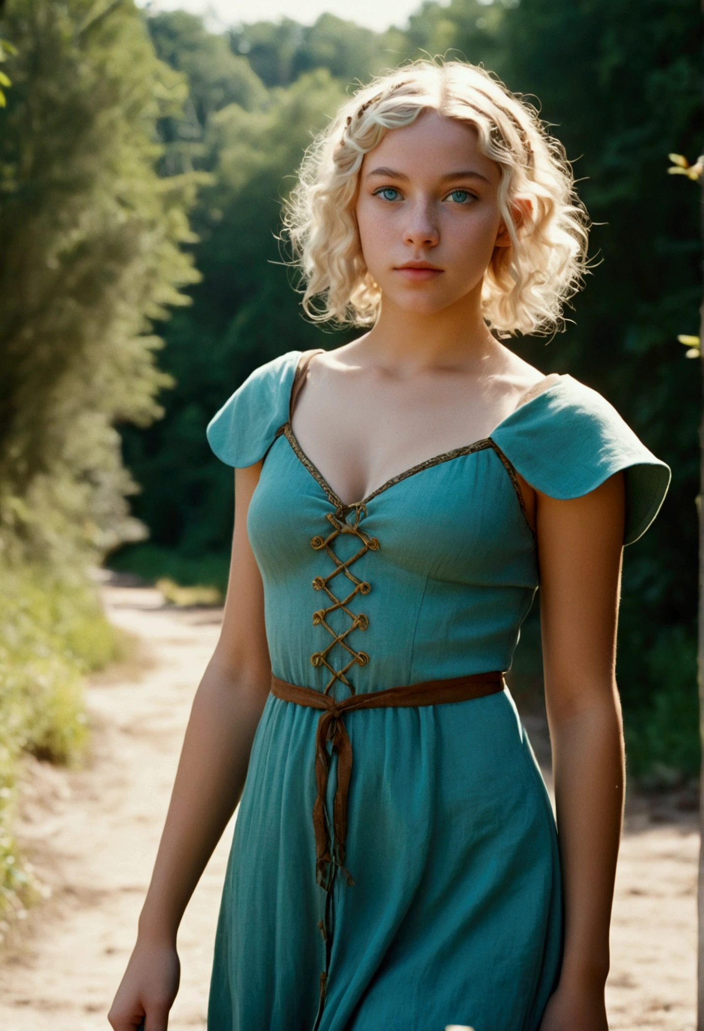 analog film photo, photo of a young elven girl, 18 years old, elf ears, cyan eyes, curly blonde bob cut, sun-tanned complexion, freckles, Amazonian stature, voluptuous hourglass figure, busty bosom, narrow waist, full hips, big plump buttocks, wearing a linen sun dress, strolling through a sunny fantasy landscape, RAW Photograph, dslr, soft lighting, high quality, film grain, Fujifilm XT3, detailed skin with visible pores, insane details, masterpiece, 8k, 35mm photograph, dslr, kodachrome, faded film, desaturated, grainy, vintage, Lomography, stained, highly detailed, found footage, close-up shot, elven ears
