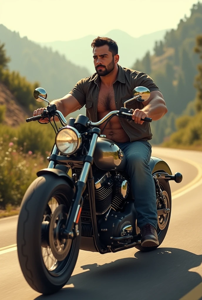 Create a 25 year old white guy, black haired and short and fat, riding a motorcycle without a helmet. 