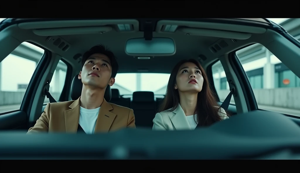 A Korean couple sitting in a car, looking up in fear, apartment parking garage, realistic lighting, cinematic style, daylight, cool tones,