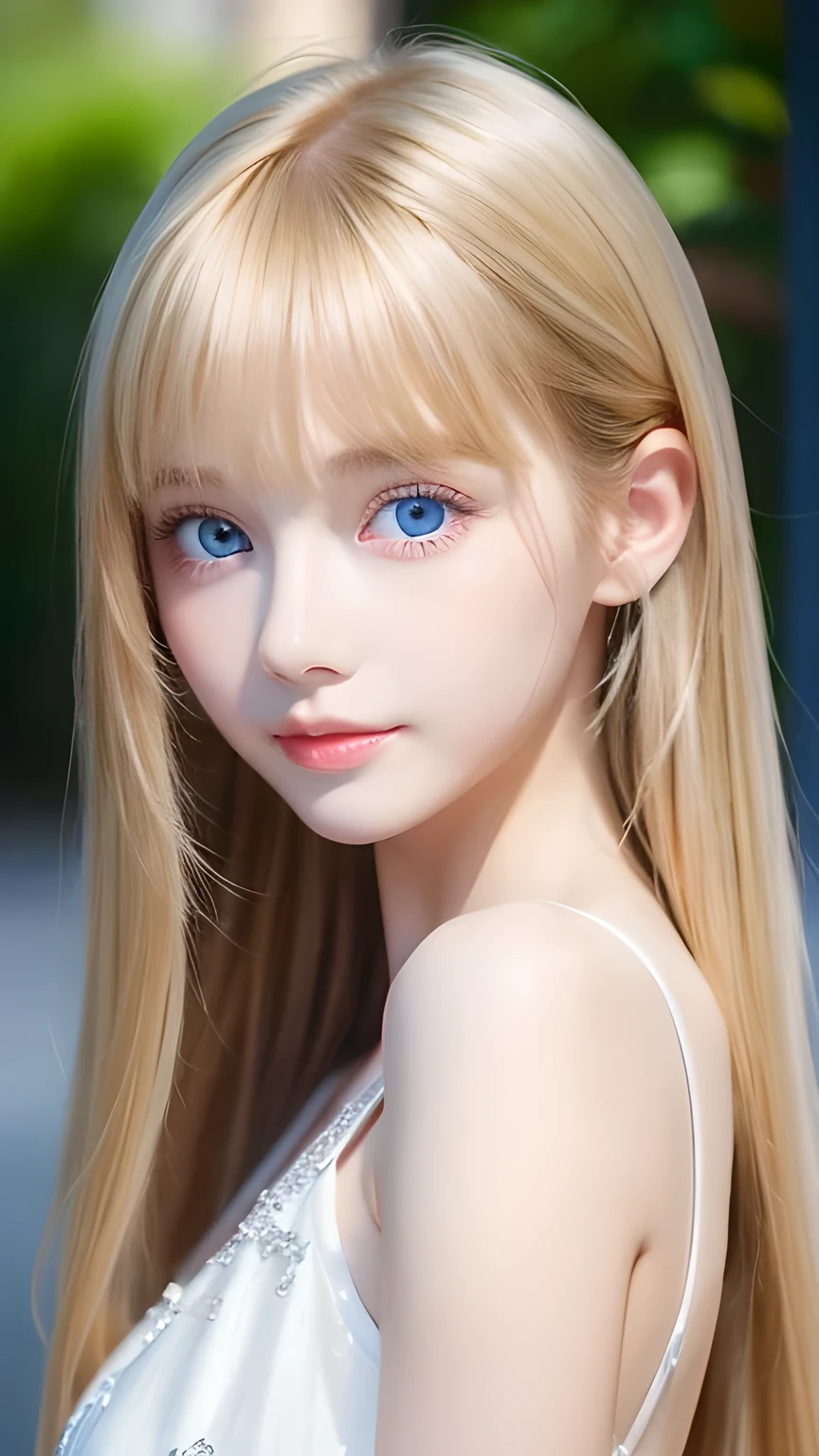 Incredibly bright, white, glossy, beautiful skin、Blonde hair color that changes with reflected light、Bangs between the eyes blocking the view、Glossy highlight on cheeks、sexy, very beautiful, lovely, cute, gorgeous face、The most beautiful face in the world、A beautiful girl、Super long blonde hair、smooth, straight hair、Big Breasts, Sparkling bright sky blue eyes、Beautiful bangs、Small Face Beauty、Round face、Very beautiful appearance